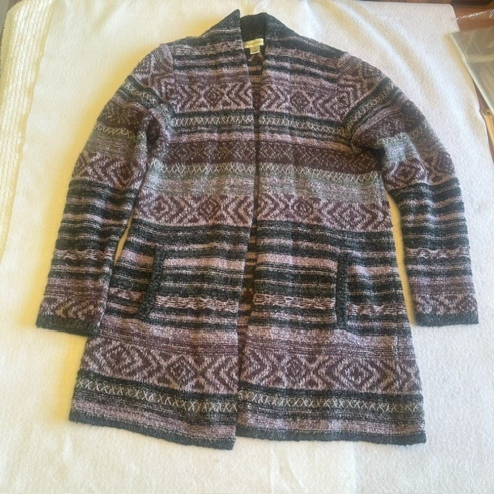 Christopher Banks Open Front Geometric Cardigan Women M Purple Black Cozy Tribal